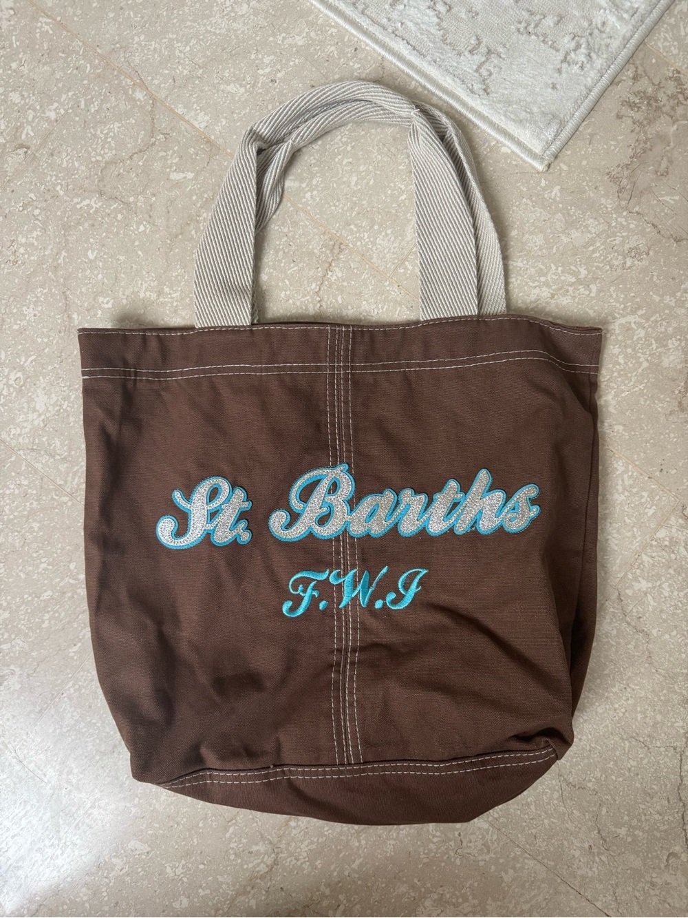 St Barths Brown Canvas Tote Bag with Turquoise Embroidery